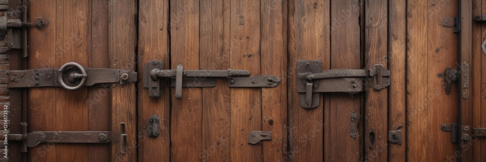 Distressed wooden antique door with old rusty hinges and lock , weathered, rustic, wood Distressed wooden antique door with old rusty hinges and lock , weathered, rustic, wood