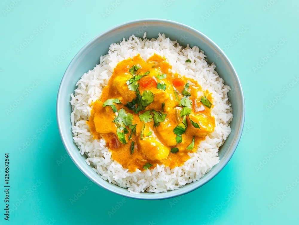Cooked rice with curry in a bowl. Fluffy white rice topped with colorful curry in a bowl. Emphasizing flavor and international cuisine. Ideal for food blogs and recipe websites. Cooked rice with curry in a bowl. Fluffy white rice topped with colorful curry in a bowl. Emphasizing flavor and international cuisine. Ideal for food blogs and recipe websites.