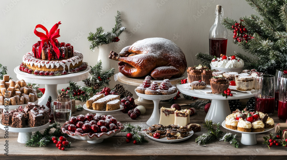 Christmas cuisine festive dinner. Christmas table with turkey and goose, chocolate cake, mulled wine, gingerbread cookie, pie, stollen, nut dessert, sweet bread, adorned by holly and pine tree Christmas cuisine festive dinner. Christmas table with turkey and goose, chocolate cake, mulled wine, gingerbread cookie, pie, stollen, nut dessert, sweet bread, adorned by holly and pine tree