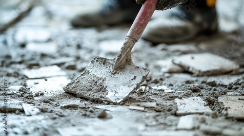 A close-up of a tile adhesive remover in action on an old cement layer. photo