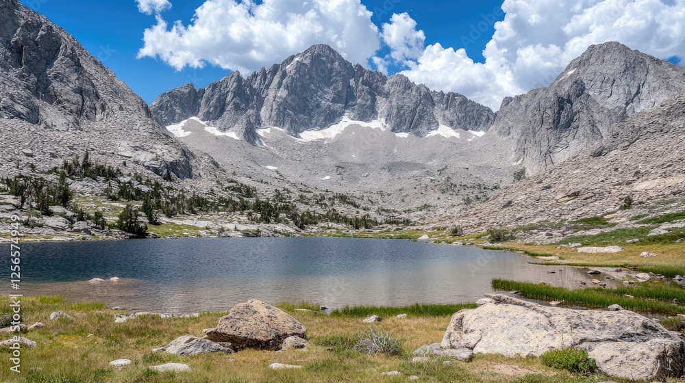Naklejka premium Majestic rocky mountains towering over a calm blue lake reflecting the sky.