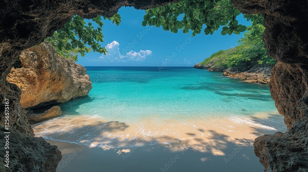 Fototapeta premium Serene Tropical Beach View Through Rock Archway, Lush Greenery Framing Crystal Clear Water
