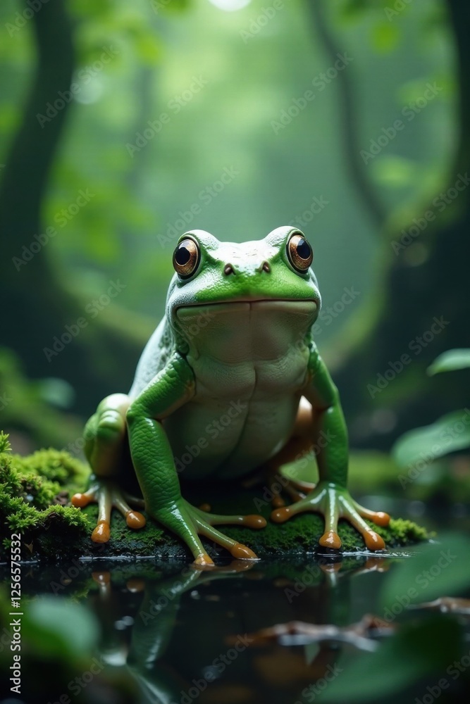 Naklejka premium Frog with white covering in misty jungle, wildlife, nature, jungle