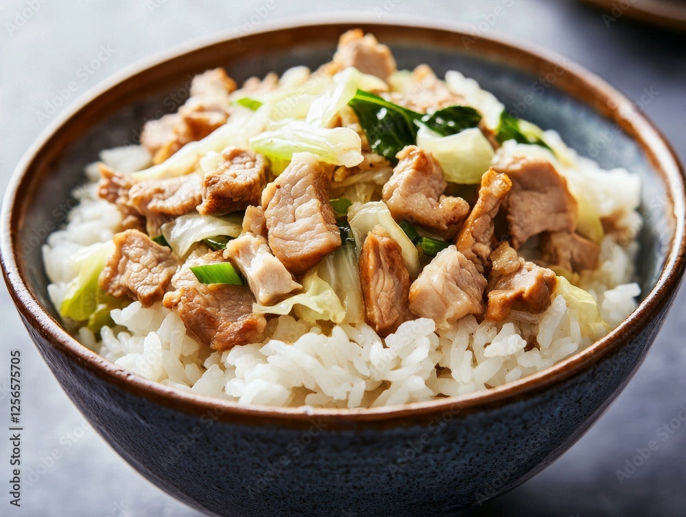 Cooked rice with pork and cabbage in a bowl. Steamed white rice mixed with pork and cabbage in a ceramic bowl. Emphasizing savory and filling dish. Ideal for food blogs and comfort foods.
