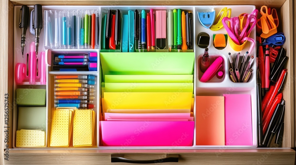 Office supply drawer neatly filled with pens, sticky notes, and essential tools. Office supply drawer neatly filled with pens, sticky notes, and essential tools.