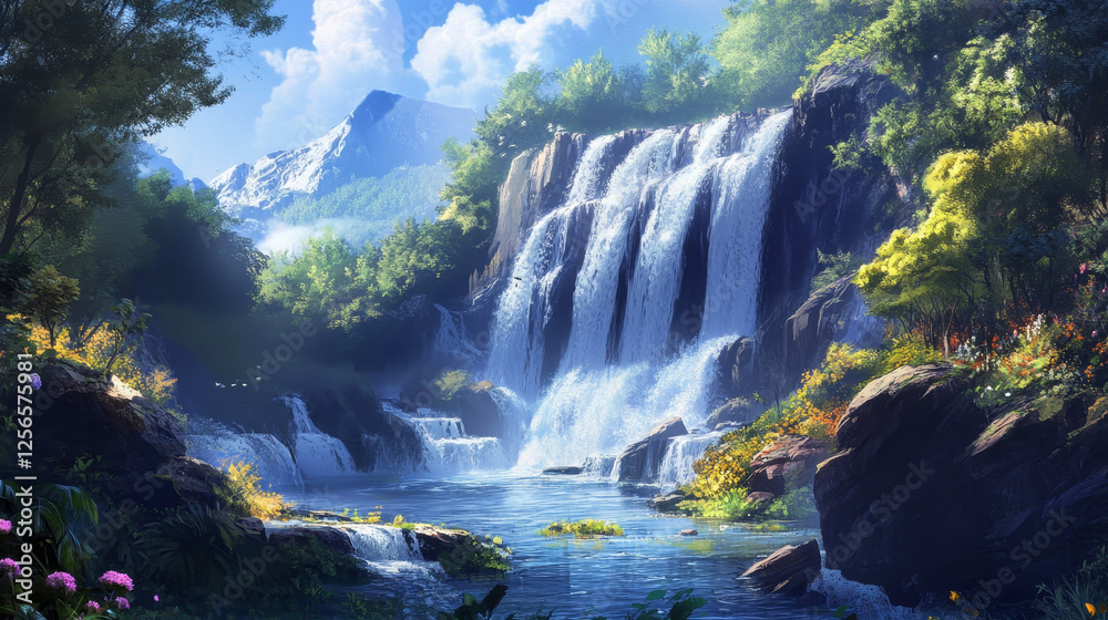 Waterfall cascade realistic water streaming from mountain or falling from cliff with fog, forest clean and natural spring water 3d vector cascades. Garden or river waterfall isolated transparent jets Waterfall cascade realistic water streaming from mountain or falling from cliff with fog, forest clean and natural spring water 3d vector cascades. Garden or river waterfall isolated transparent jets