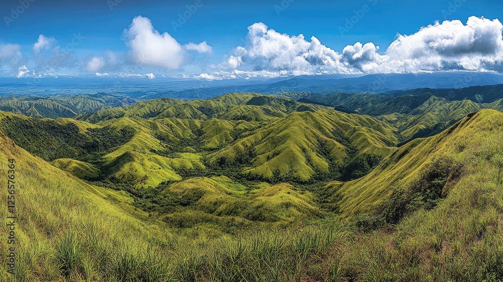 Rolling hills covered in vibrant green grass under a bright blue sky. Rolling hills covered in vibrant green grass under a bright blue sky.