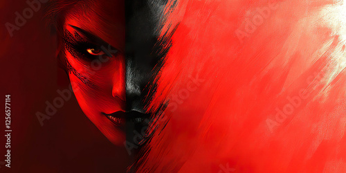 Abstract portrait of woman with face divided between black shadows and intense red, piercing gaze. Generated with AI