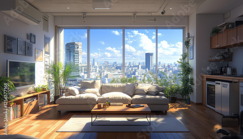 Modern living room with a sofa and coffee table, a kitchen area in the background, the interior design of a modern apartment, a minimalist style, a city view outside the window, hyper-realistic.