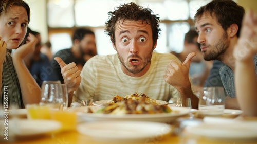Displeased diner facing a meal mix-up. Featuring a restaurant table with incorrect orders