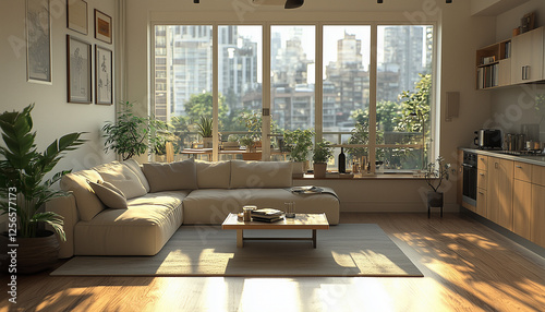 Modern living room with a sofa and coffee table, a kitchen area in the background, the interior design of a modern apartment, a minimalist style, a city view outside the window, hyper-realistic.