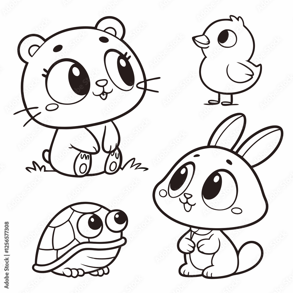 Obraz premium Cute cartoon animals, line drawing style, kawaii, chibi, cat, dog, turtle, hamster, rabbit, chick, simple black and white outlines, round shapes, big eyes, adorable expressions, minimalist design, chi