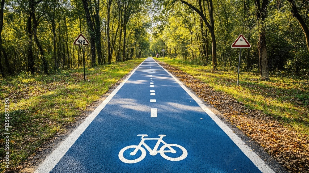 Obraz premium A freshly paved cycling trail with a bright blue lane and directional signs.