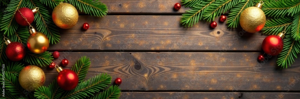 Golden ornaments and garlands on a bare wooden background , garland, ornaments Golden ornaments and garlands on a bare wooden background , garland, ornaments