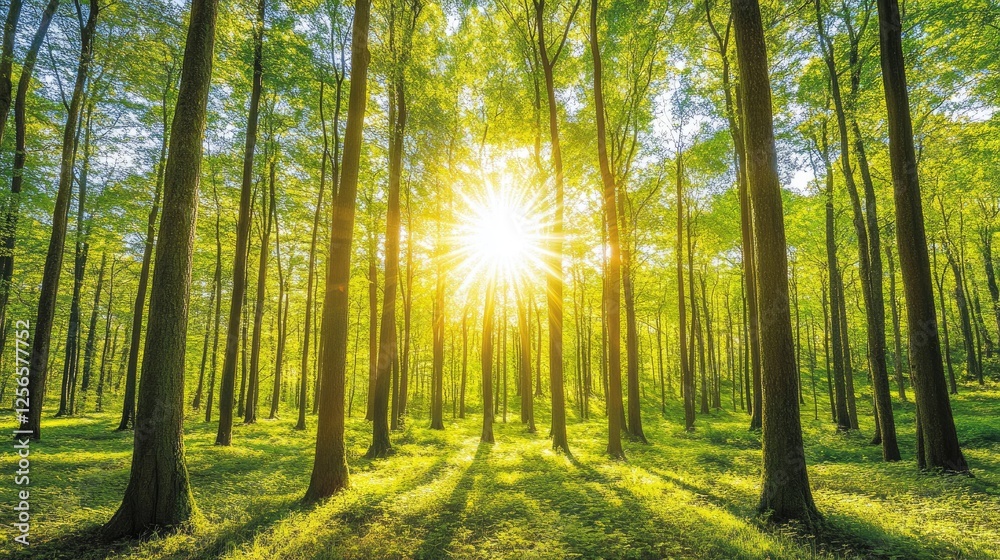 Fototapeta premium Sunlit forest with golden rays streaming through tall green trees.