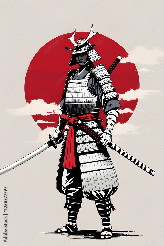 Obraz premium Lone Samurai Warrior Holding a Katana with a Red Sun in Traditional Japanese Ink Brush Style