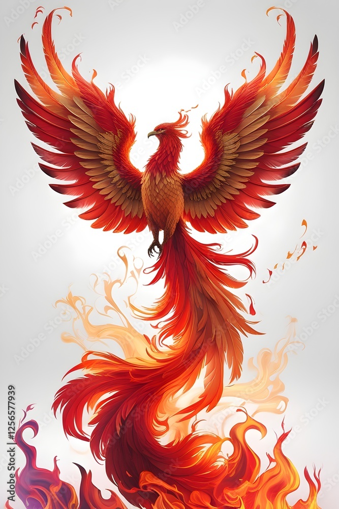 Obraz premium Majestic Phoenix Rising from Swirling Flames in Vibrant Crimson and Gold for Fantasy Mythology