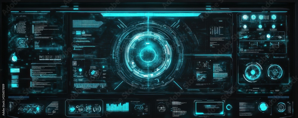 Futuristic digital interface with holographic display and data visualizations in neon blue Futuristic digital interface with holographic display and data visualizations in neon blue