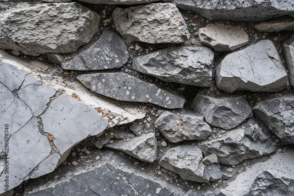 Fototapeta premium Chipped and Enhanced Grey and White Textural Background of Fractured Ancient Wall and Gritty Granite Surface