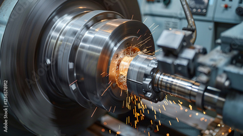 Close-up of the heavy machinery at work in an ironworks facility, showcasing the smooth textures of the metal and the mechanical precision. photo