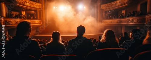 Audience watching live theater performance with dramatic lighting in historic venue