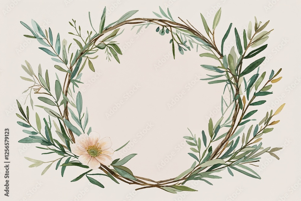 Obraz premium Elegant Hand-Drawn Circular Floral Illustrations with Olive Branch and Stylish Laurel Frame