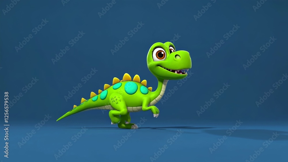 Fototapeta premium Fun-loving green cartoon dinosaur with yellow spikes running happily on plain blue background, perfect for children's book illustrations or educational materials