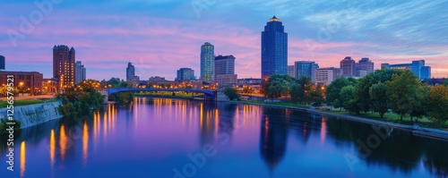Evening skyline of grand rapids with illuminated buildings and pink clouds reflecting on calm river