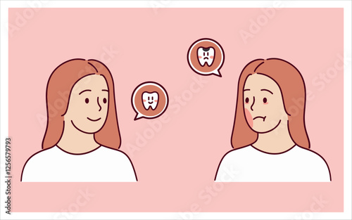 A young woman suffers from a toothache due to cavities, while another smiles happily with perfect dental health