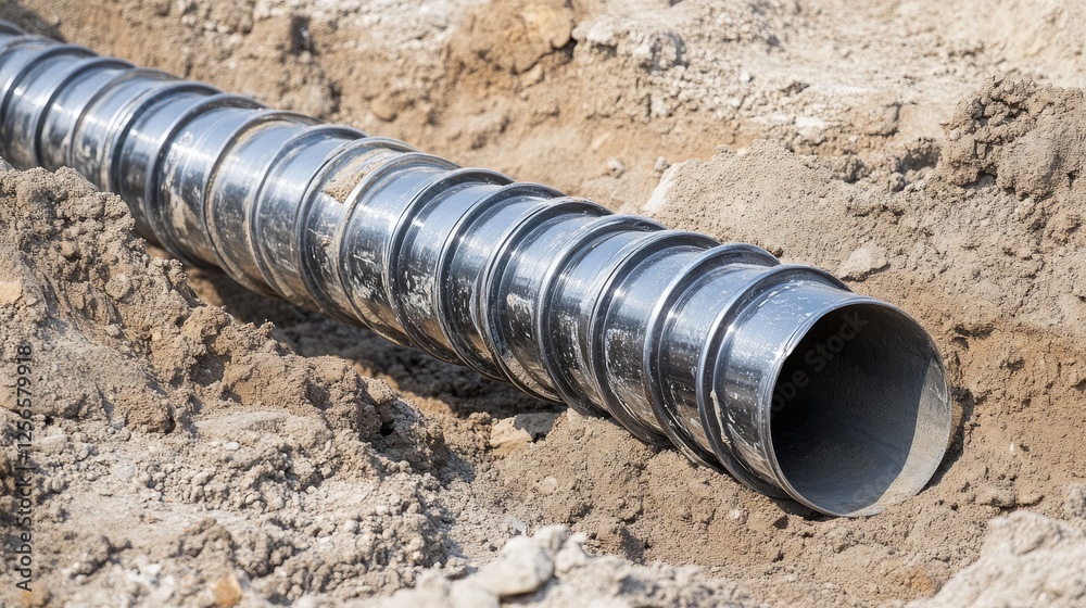 A metal drain auger partially coiled next to an open pipe, ready for use. A metal drain auger partially coiled next to an open pipe, ready for use.