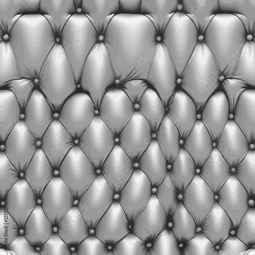 Silver Tufted Leather Texture: Luxurious silver tufted leather upholstery texture, showcasing a classic diamond pattern with neatly aligned buttons. Perfect for backgrounds, design projects.