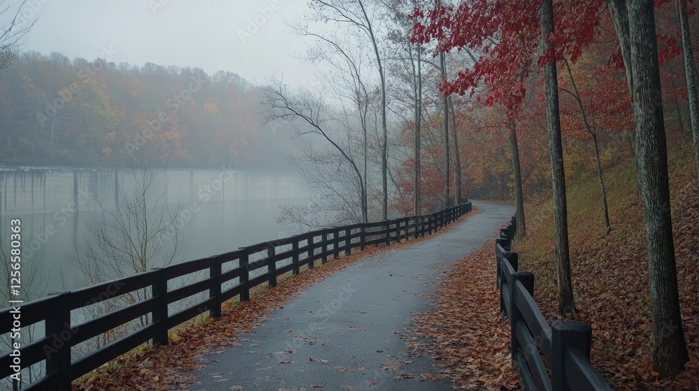 Naklejka premium A misty morning along the cycling trail, with fog rolling over the dam's surface.