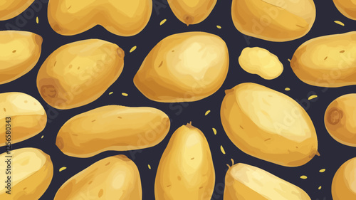 Potato Pattern: A vibrant and appetizing pattern featuring whole and halved potatoes against a dark background. Ideal for culinary websites, food blogs, and restaurant menus.