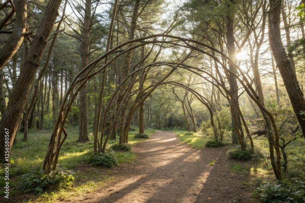 Delicate arches formed by slender tree branches in a sunlit forest clearing, organic shapes, greenery, leaves Delicate arches formed by slender tree branches in a sunlit forest clearing, organic shapes, greenery, leaves