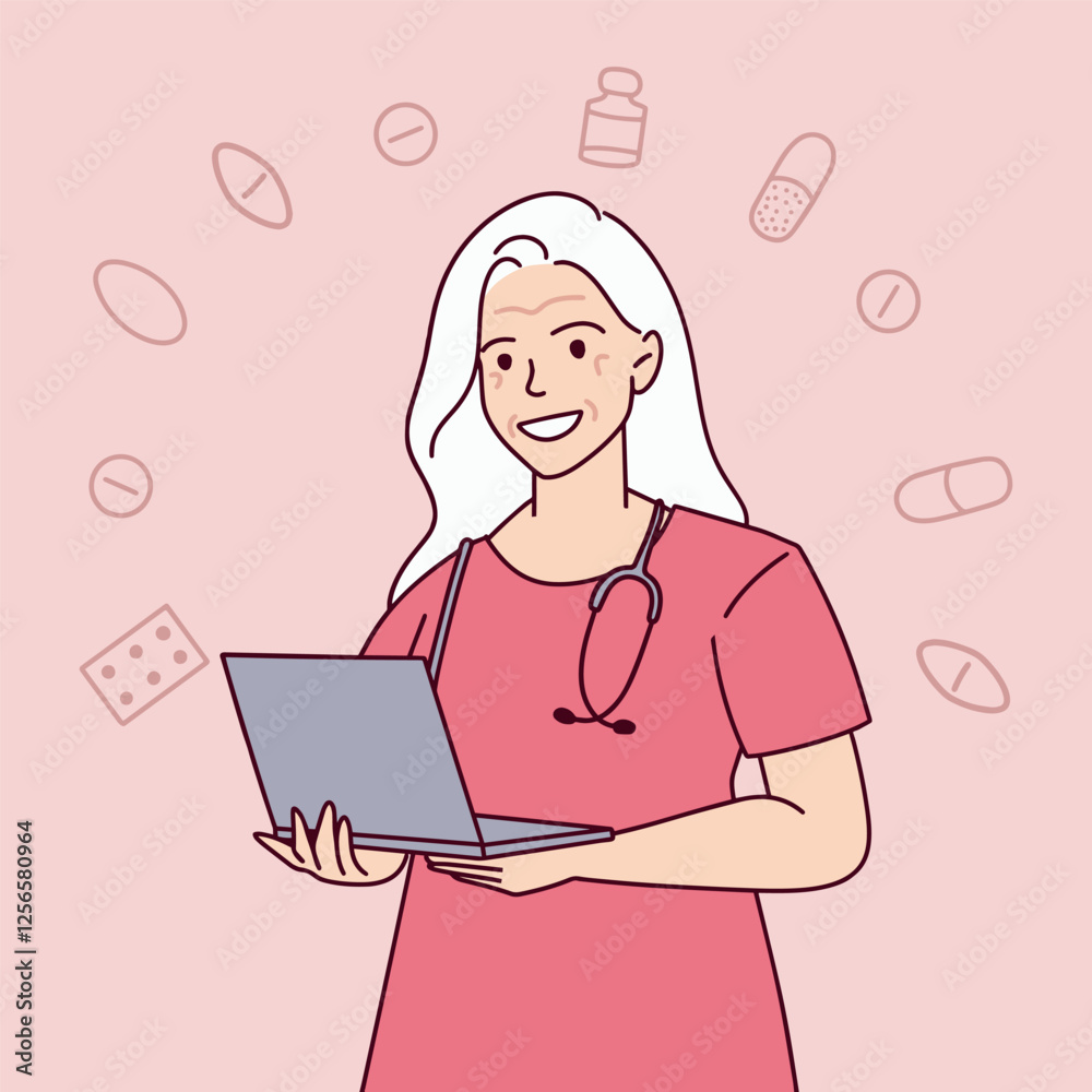 Smiling senior healthcare worker in a red uniform holding a laptop. Background with medical-themed elements Smiling senior healthcare worker in a red uniform holding a laptop. Background with medical-themed elements