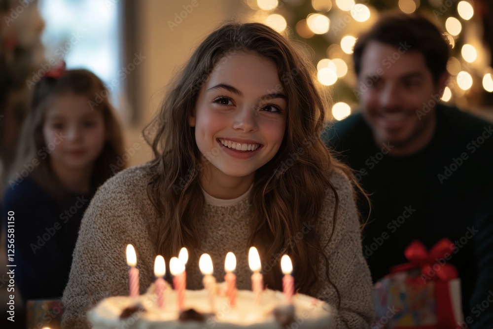 A smiling girl celebrates her birthday with a colorful cake adorned with candles, surrounded by loved ones creating a joyful atmosphere of warmth and happiness. A smiling girl celebrates her birthday with a colorful cake adorned with candles, surrounded by loved ones creating a joyful atmosphere of warmth and happiness.