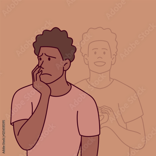 Thoughtful young Black man with short curly hair and a faint joyful version of himself in the background.