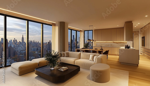 Modern living room with a sofa and coffee table, a dining area in the background, an open kitchen on the right side, wooden floorboards, a large window overlooking a city view, beige wall color, warm 