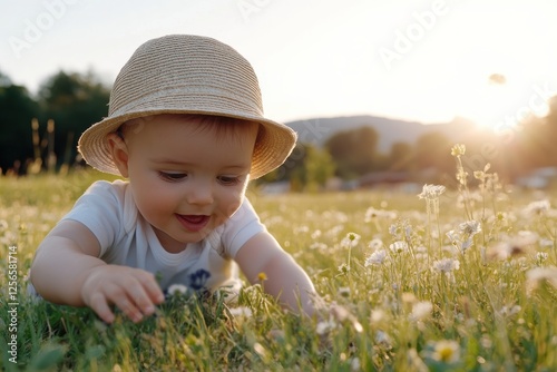 A curious baby dressed in a sunhat crawls through a flowering meadow under the golden glow of the sun, embodying innocence and exploration in nature.