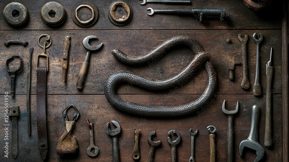 A plumber's workspace featuring an array of tools, including a steel snake and wrenches. A plumber's workspace featuring an array of tools, including a steel snake and wrenches.