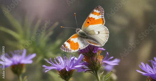 Delicate orange tip butterfly perched on a vibrant purple wildflower, european wildflowers, summer flowers, anthocharis cardamines photo