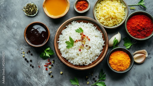 Cooked rice with various sauces and condiments. Featuring a variety of sauces on a plate with rice. Emphasizing the versatility and flavors of rice dishes. Ideal for recipe books and culinary content.