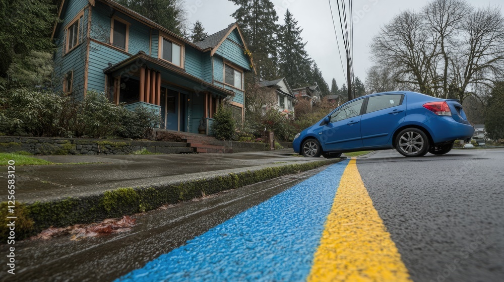 Obraz premium A shared curb lane with painted lane markers guiding vehicle movement.