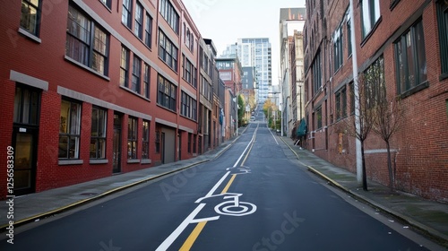 A shared lane symbol painted on a narrow downtown street.
