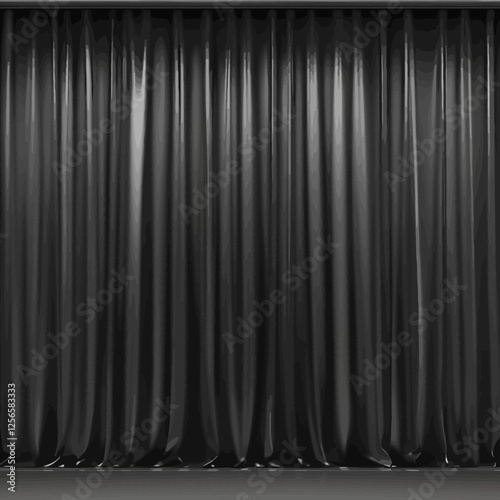 Black Velvet Curtains: Elegant black velvet curtains, meticulously arranged in perfect folds, create a dramatic and sophisticated backdrop. Ideal for presentations, theater.