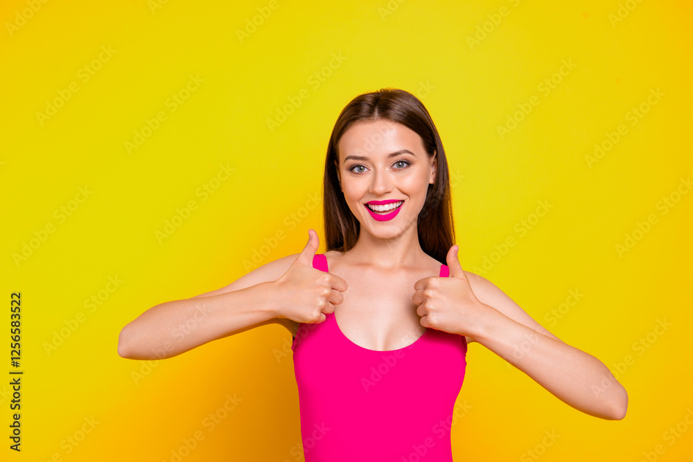 Chill water seaside party excellent perfect joy fun concept. Close up photo portrait of attractive cheerful lovely nice glad stunning joyful sweet lady making giving thumbup isolated bright background