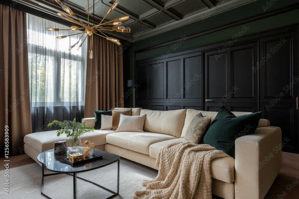 Moody Olive & Gold Interior with Classic Elegance – A sophisticated living space featuring deep olive-green walls and a coffered ceiling, creating a warm, intimate atmosphere Moody Olive & Gold Interior with Classic Elegance – A sophisticated living space featuring deep olive-green walls and a coffered ceiling, creating a warm, intimate atmosphere