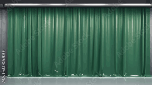 Green curtain and concrete background: A vibrant green curtain hangs against a textured concrete wall.