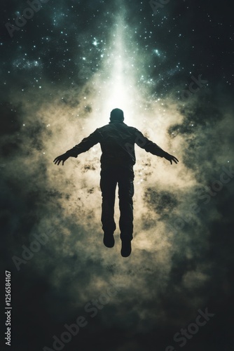 Wallpaper Mural A silhouetted man floats upward toward a glowing light in a cosmic sky filled with stars and mist. This image represents spirituality, enlightenment, and the mystery of the universe. Torontodigital.ca