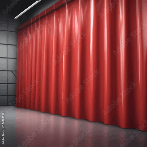 Red Curtain's Dramatic Stage: A close-up shot showcasing a flowing red curtain in a dark, industrial space. This image evokes anticipation, drama, and the promise of an unseen performance.